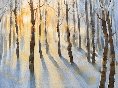 Forest in winter sunset abstract watercolor background Forest in winter sunset