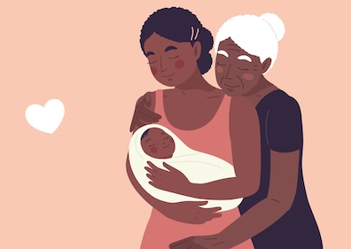 Portrait of family with two African women, mother or mom and grandmother