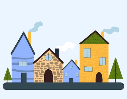 Set of houses in the modern flat design. Cozy village art