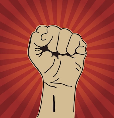 Clenched fist held high A clenched fist held high in protest or solidarity. Activist stock vector