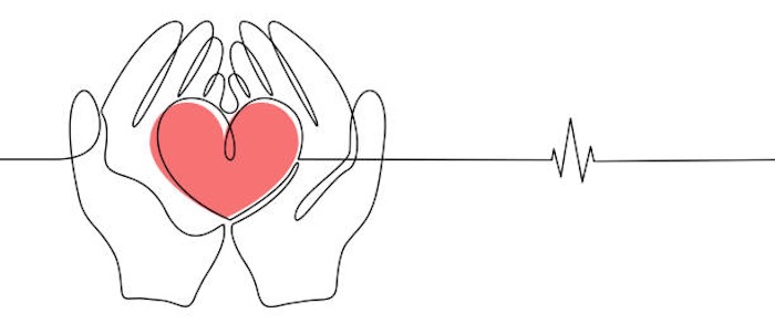 Human hands hold a heart in line art