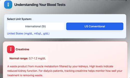 A screenshot Dialysis Health Tracker Blood Test screen.