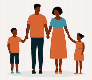 Black Family With One Son And One Daughter Standing And Holding Hands Together.