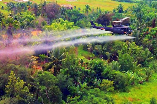 U.S. helicopter spraying defoliant in dense jungle during the Vietnam War.