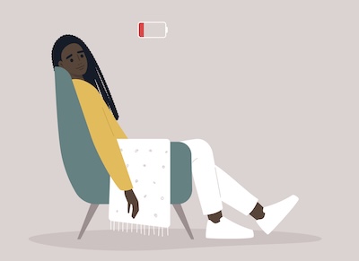 A young female Black exhausted character sitting in a chair with a low battery indicator above Pain stock vector