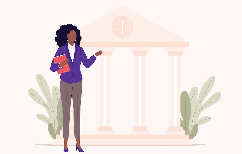 Black Female Lawyer Standing. One Black Female Lawyer Talking And Holding A Law Book. Adult stock vector