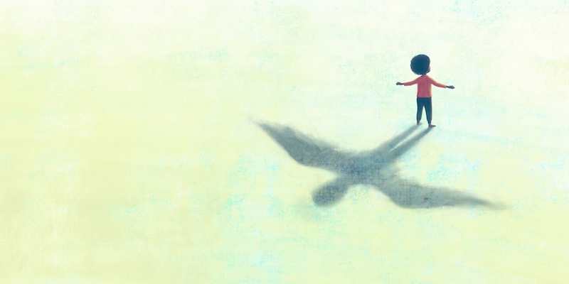 Illustration of lonely boy with bird wing shadow, conceptual idea of freedom hope and imagination Child stock illustration