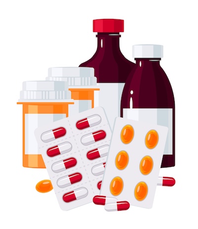 Medicine bottles and jars of pills icon set 